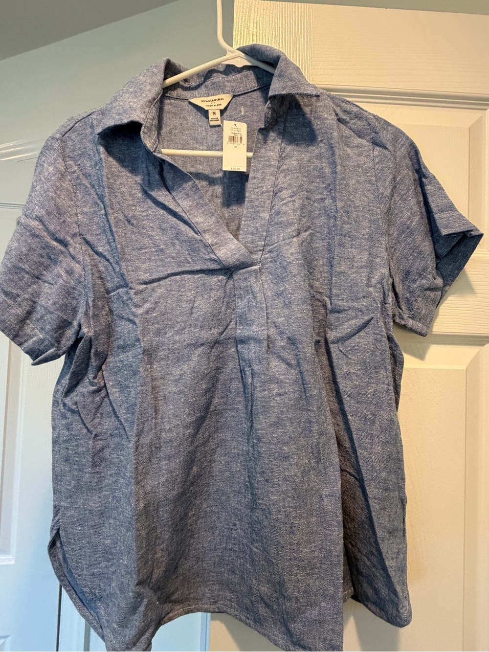 Banana Republic Light Blue Short-Sleeve Linen-Blend Button Down Shirt
